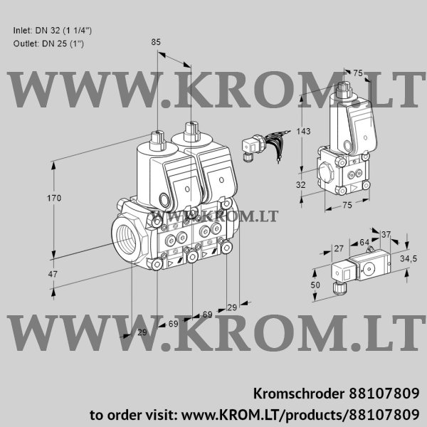 Kromschroder VCS 2E32R/25R05NNWR/-3PP/BSPP, 88107809 double solenoid valve, 88107809